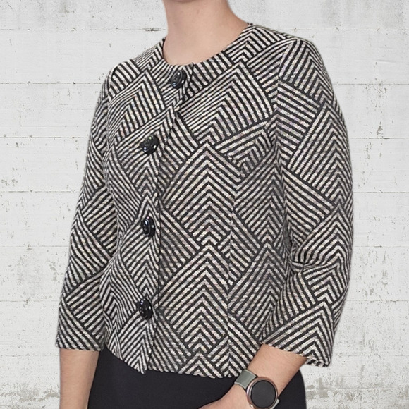 Anne Klein Black Tweed Retro Diamond Single Breasted Cropped Blazer Size 2P - Picture 9 of 11